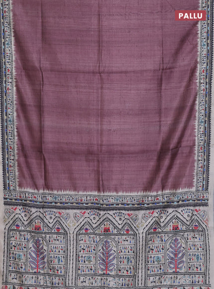 Semi tussar saree rosy brown and cream with plain body and warli prints kantha stitch work border
