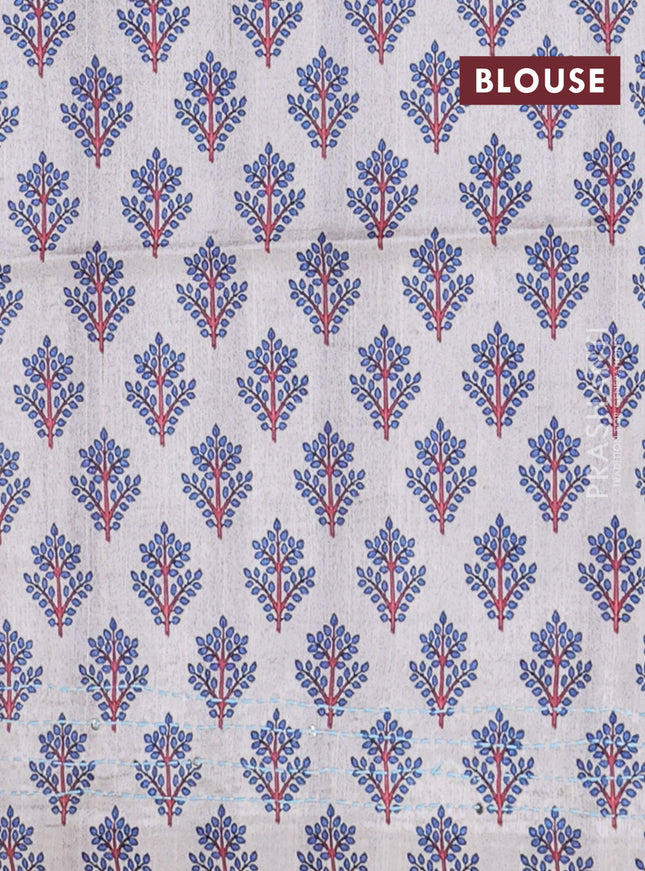 Semi tussar saree rosy brown and cream with plain body and warli prints kantha stitch work border