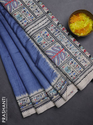 Semi tussar saree blue shade and cream with plain body and warli prints kantha stitch work border