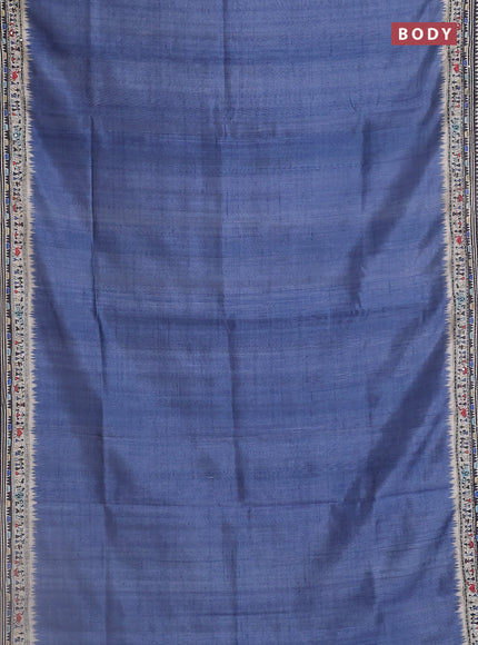 Semi tussar saree blue shade and cream with plain body and warli prints kantha stitch work border