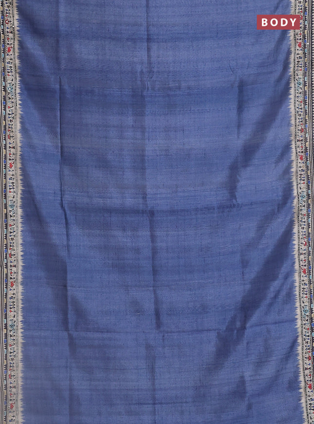 Semi tussar saree blue shade and cream with plain body and warli prints kantha stitch work border