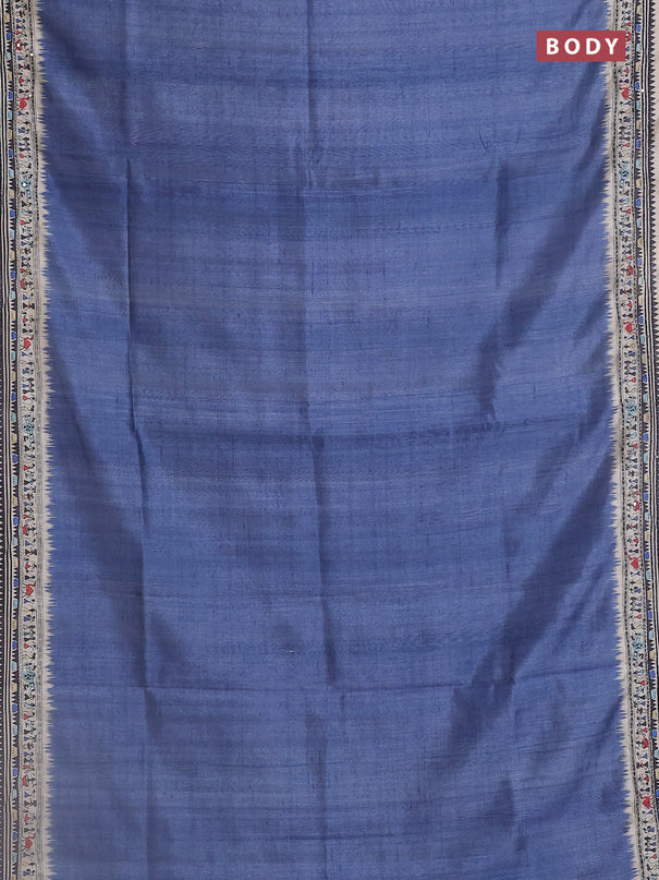 Semi tussar saree blue shade and cream with plain body and warli prints kantha stitch work border