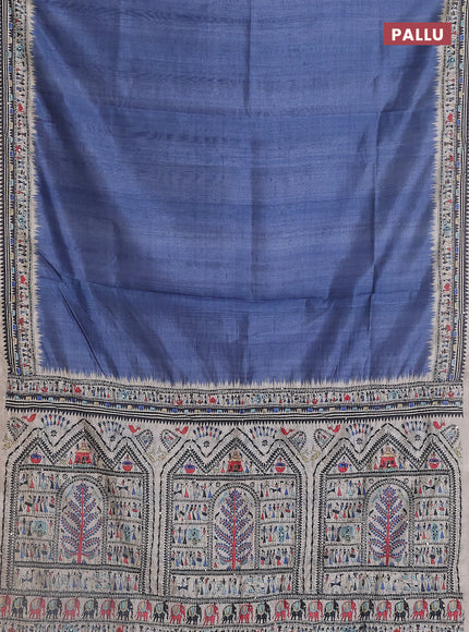 Semi tussar saree blue shade and cream with plain body and warli prints kantha stitch work border