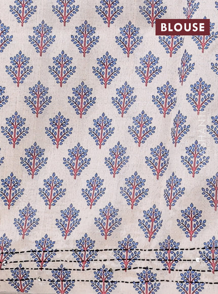 Semi tussar saree blue shade and cream with plain body and warli prints kantha stitch work border