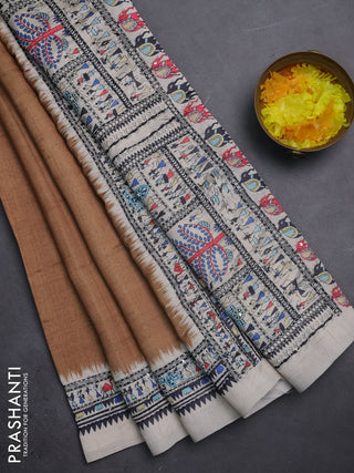 Semi tussar saree dark mustard and cream with plain body and warli prints kantha stitch work border