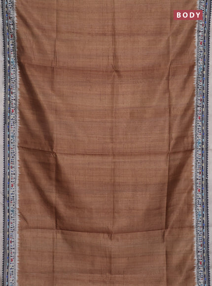 Semi tussar saree dark mustard and cream with plain body and warli prints kantha stitch work border