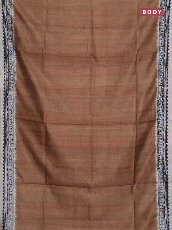 Semi tussar saree dark mustard and cream with plain body and warli prints kantha stitch work border