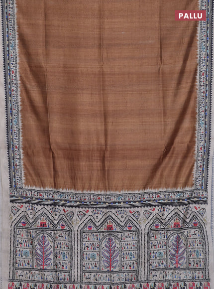 Semi tussar saree dark mustard and cream with plain body and warli prints kantha stitch work border