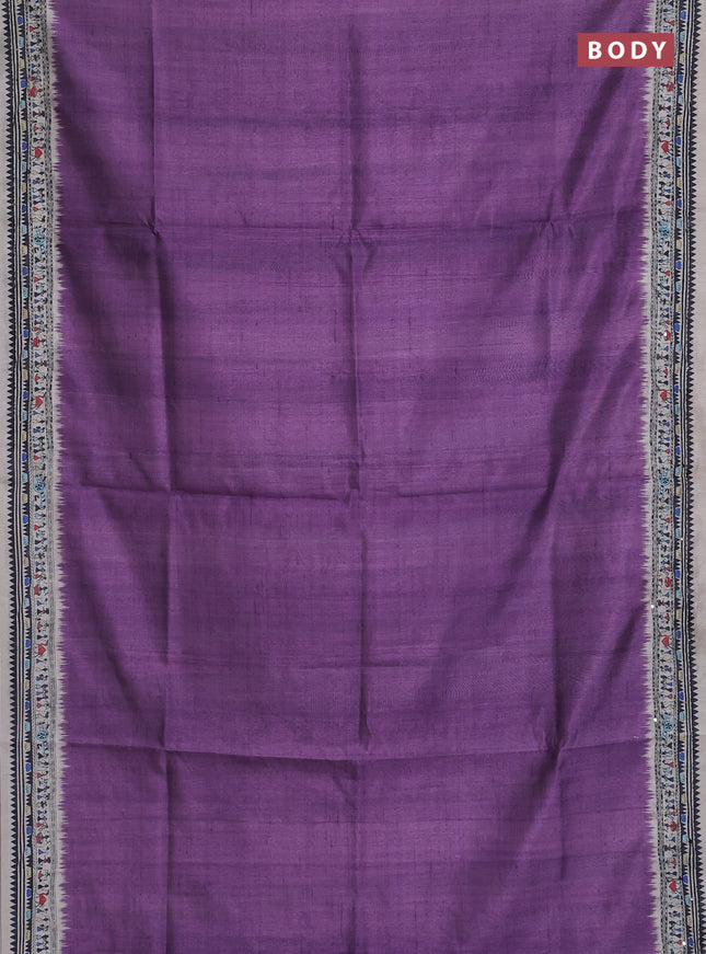 Semi tussar saree purple and cream with plain body and warli prints kantha stitch work border