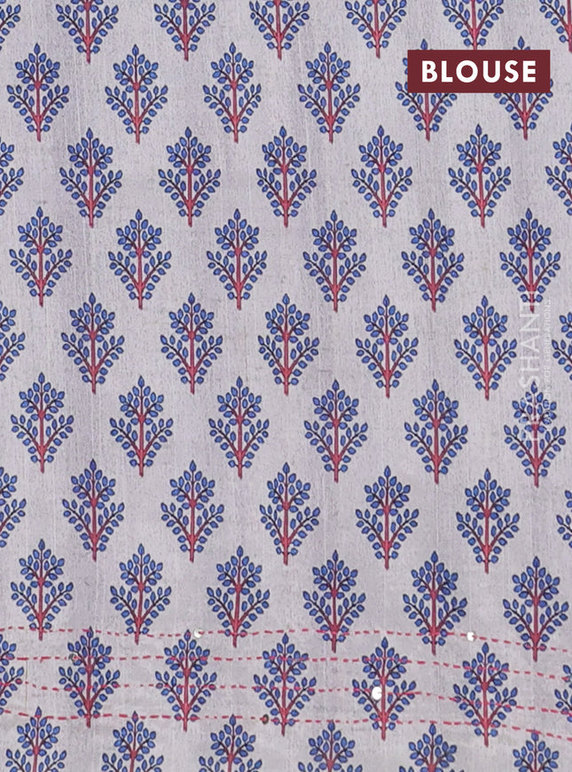 Semi tussar saree purple and cream with plain body and warli prints kantha stitch work border