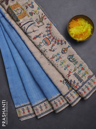 Semi tussar saree cs blue and beige with plain body and warli prints kantha stitch work border