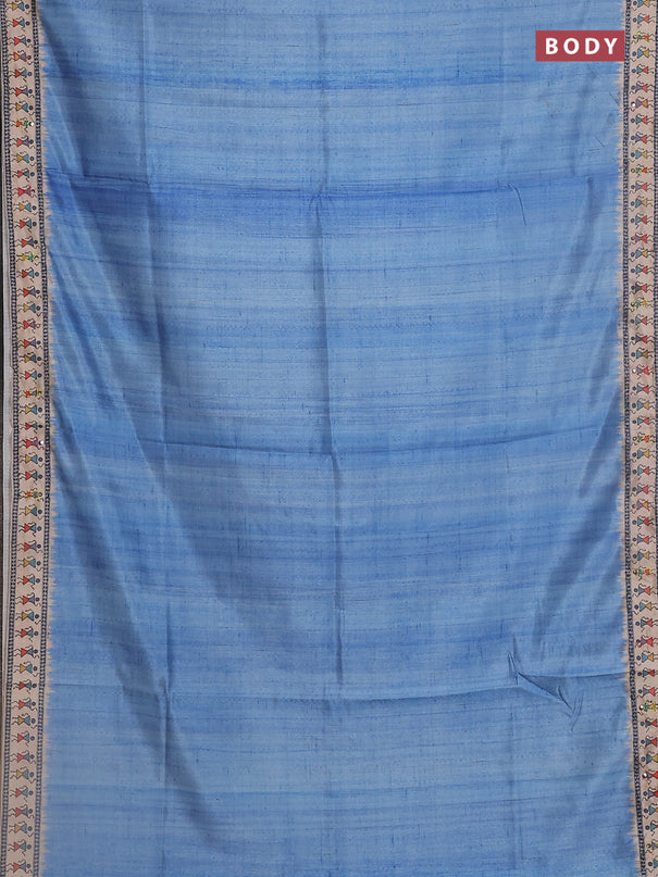 Semi tussar saree cs blue and beige with plain body and warli prints kantha stitch work border