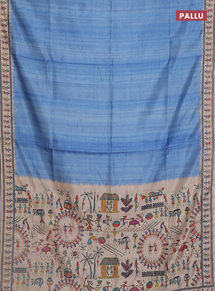 Semi tussar saree cs blue and beige with plain body and warli prints kantha stitch work border