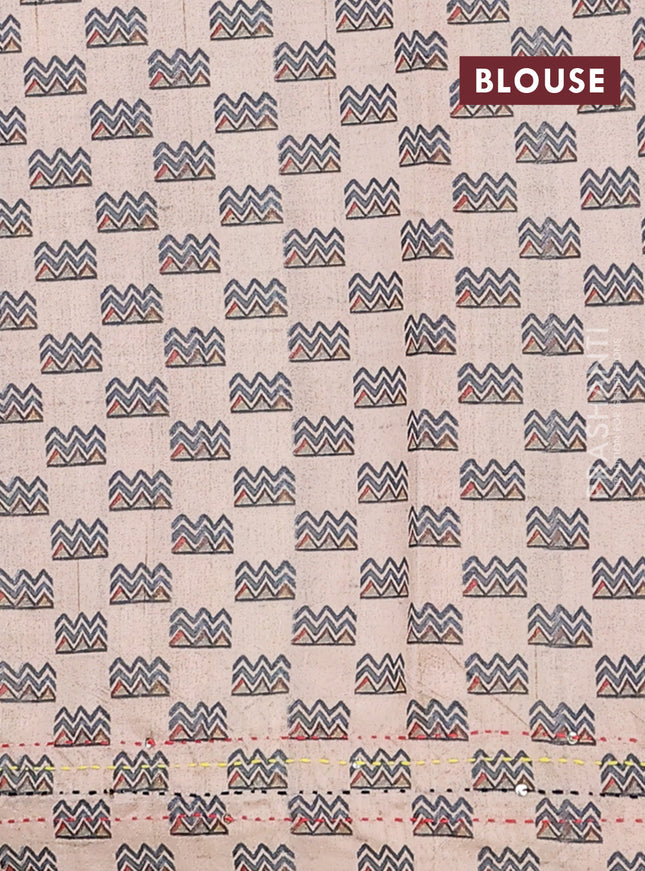 Semi tussar saree cs blue and beige with plain body and warli prints kantha stitch work border