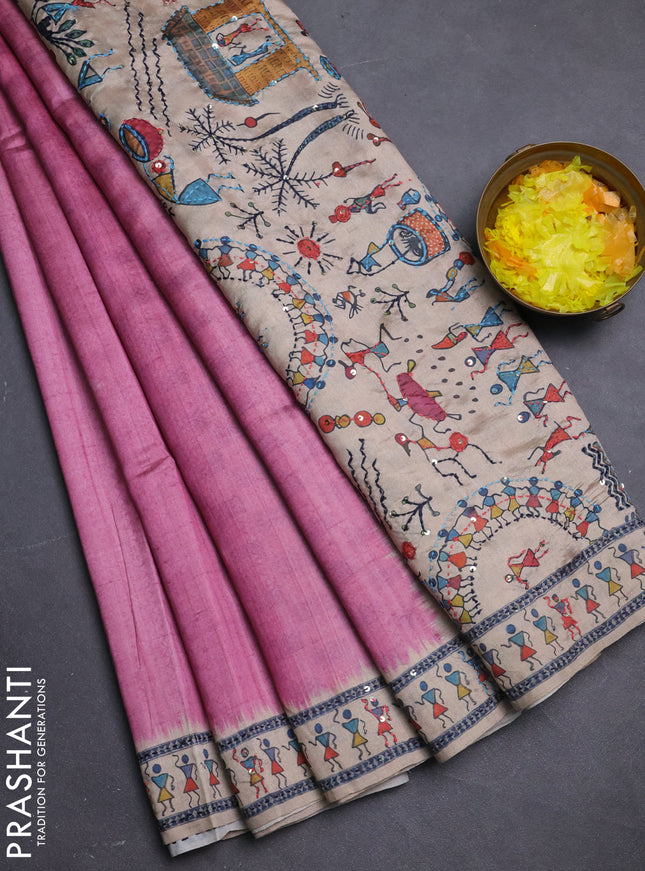 Semi tussar saree mauve pink and cream with plain body and warli prints kantha stitch work border