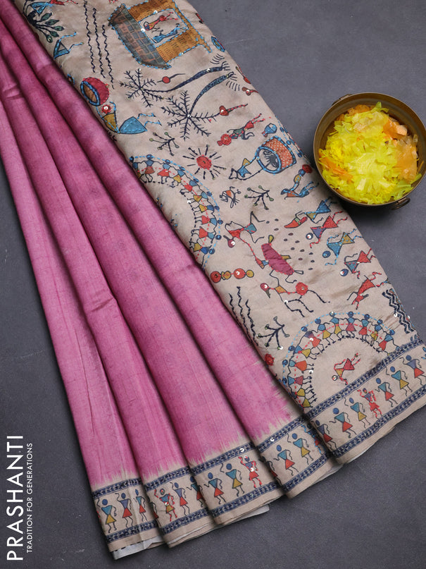 Semi tussar saree mauve pink and cream with plain body and warli prints kantha stitch work border