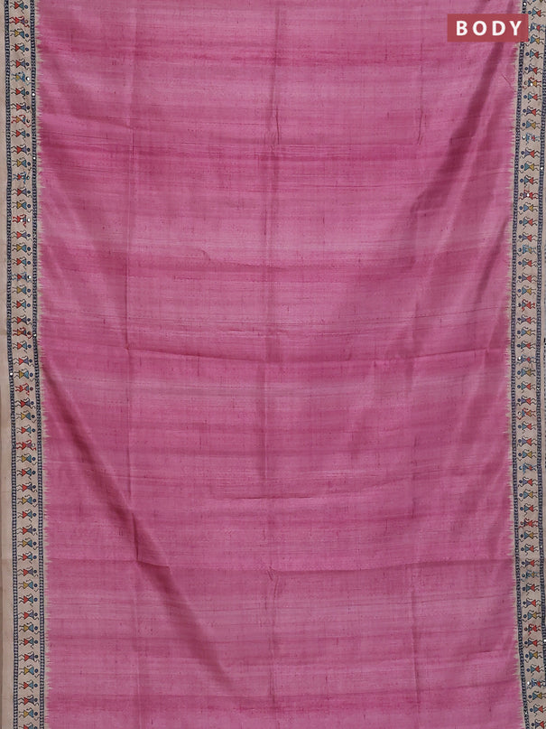 Semi tussar saree mauve pink and cream with plain body and warli prints kantha stitch work border