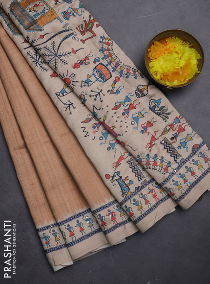 Semi tussar saree dark mustard and beige with plain body and warli prints kantha stitch work border