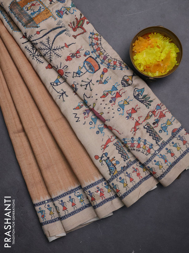 Semi tussar saree dark mustard and beige with plain body and warli prints kantha stitch work border