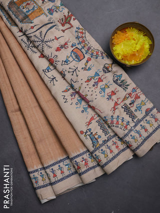 Semi tussar saree dark mustard and beige with plain body and warli prints kantha stitch work border