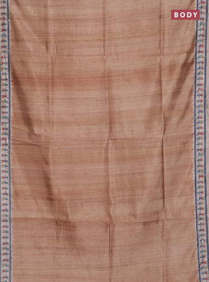 Semi tussar saree dark mustard and beige with plain body and warli prints kantha stitch work border