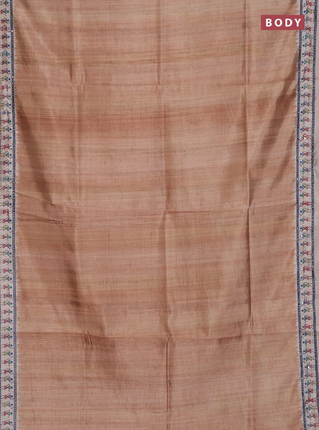 Semi tussar saree dark mustard and beige with plain body and warli prints kantha stitch work border