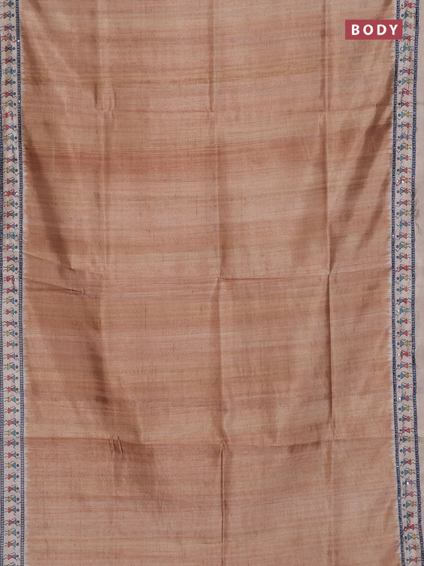 Semi tussar saree dark mustard and beige with plain body and warli prints kantha stitch work border