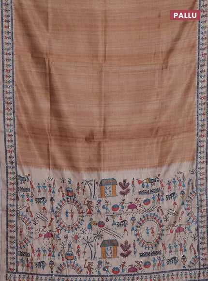 Semi tussar saree dark mustard and beige with plain body and warli prints kantha stitch work border