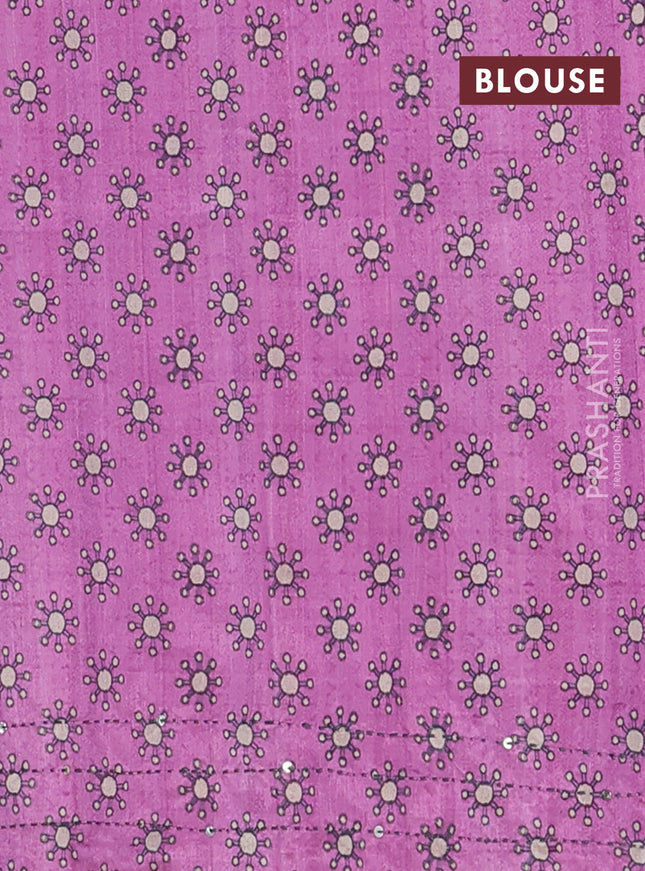 Semi tussar saree mauve pink and beige with plain body and warli prints kantha stitch work border