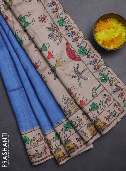 Semi tussar saree blue shade and beige with plain body and warli prints kantha stitch work border