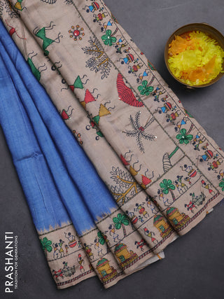Semi tussar saree blue shade and beige with plain body and warli prints kantha stitch work border