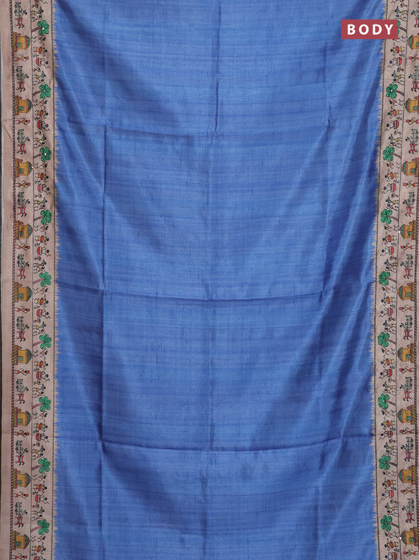 Semi tussar saree blue shade and beige with plain body and warli prints kantha stitch work border