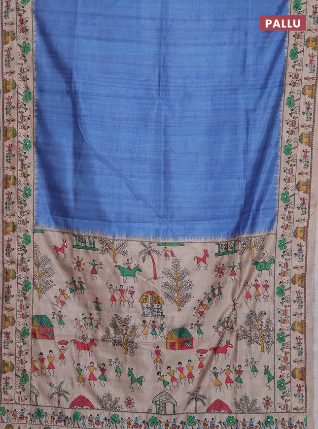 Semi tussar saree blue shade and beige with plain body and warli prints kantha stitch work border