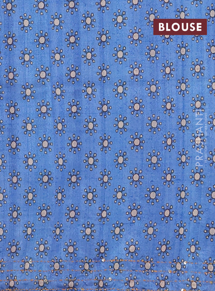 Semi tussar saree blue shade and beige with plain body and warli prints kantha stitch work border