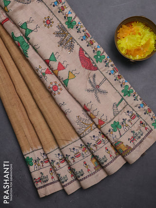 Semi tussar saree dark mustard and beige with plain body and warli prints kantha stitch work border