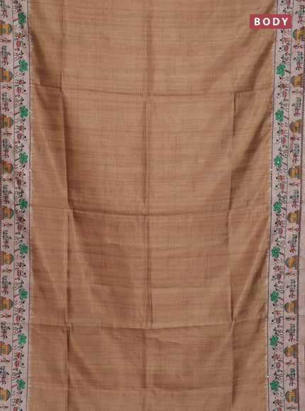 Semi tussar saree dark mustard and beige with plain body and warli prints kantha stitch work border