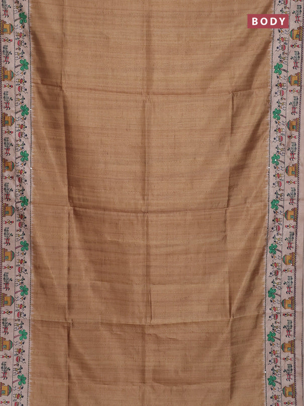 Semi tussar saree dark mustard and beige with plain body and warli prints kantha stitch work border