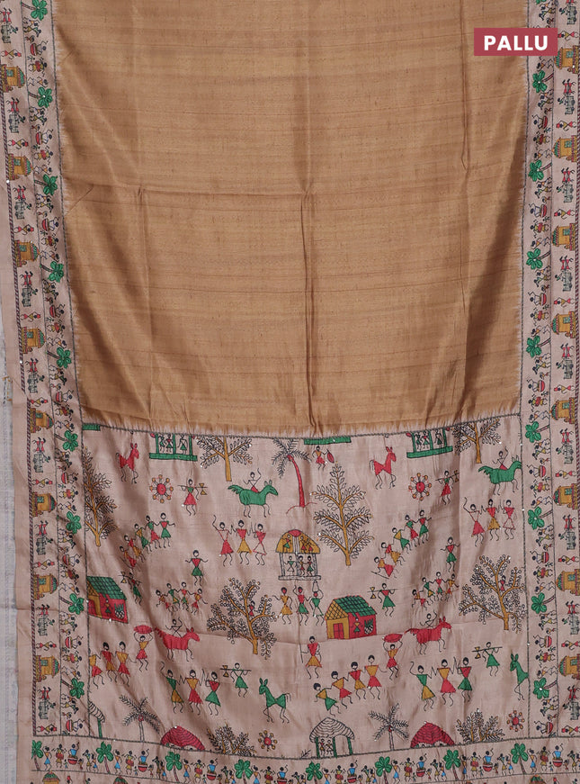 Semi tussar saree dark mustard and beige with plain body and warli prints kantha stitch work border