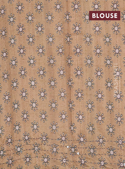 Semi tussar saree dark mustard and beige with plain body and warli prints kantha stitch work border