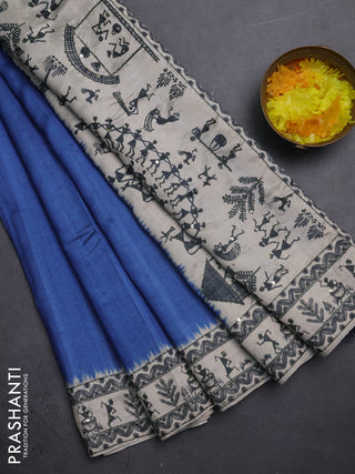 Semi tussar saree blue shade and cream with plain body and warli prints kantha stitch work border
