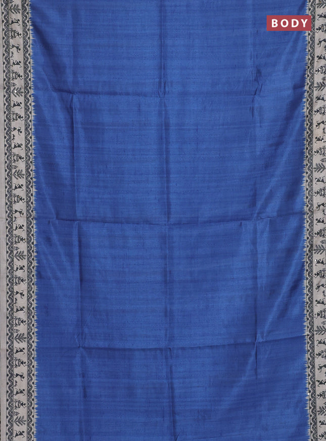 Semi tussar saree blue shade and cream with plain body and warli prints kantha stitch work border