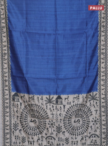 Semi tussar saree blue shade and cream with plain body and warli prints kantha stitch work border