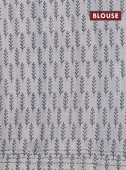 Semi tussar saree blue shade and cream with plain body and warli prints kantha stitch work border