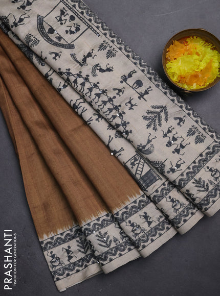 Semi tussar saree sap green and cream with plain body and warli prints kantha stitch work border