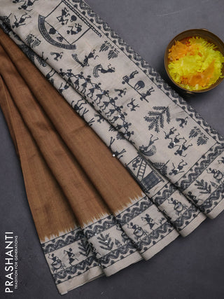 Semi tussar saree sap green and cream with plain body and warli prints kantha stitch work border