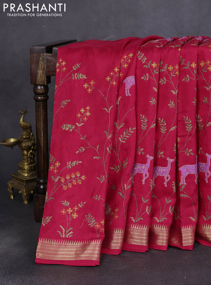 Semi crepe silk saree pink with allover convent embroidery and temple zari woven border