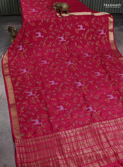 Semi crepe silk saree pink with allover convent embroidery and temple zari woven border
