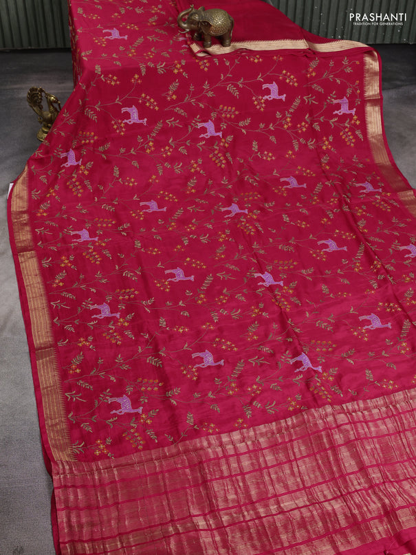 Semi crepe silk saree pink with allover convent embroidery and temple zari woven border