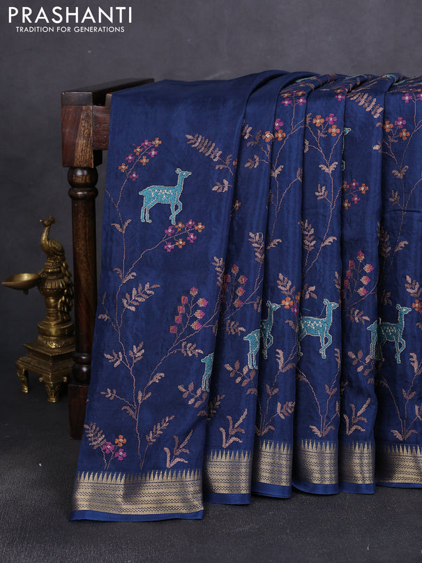 Semi crepe silk saree peacock blue with allover convent embroidery and temple zari woven border