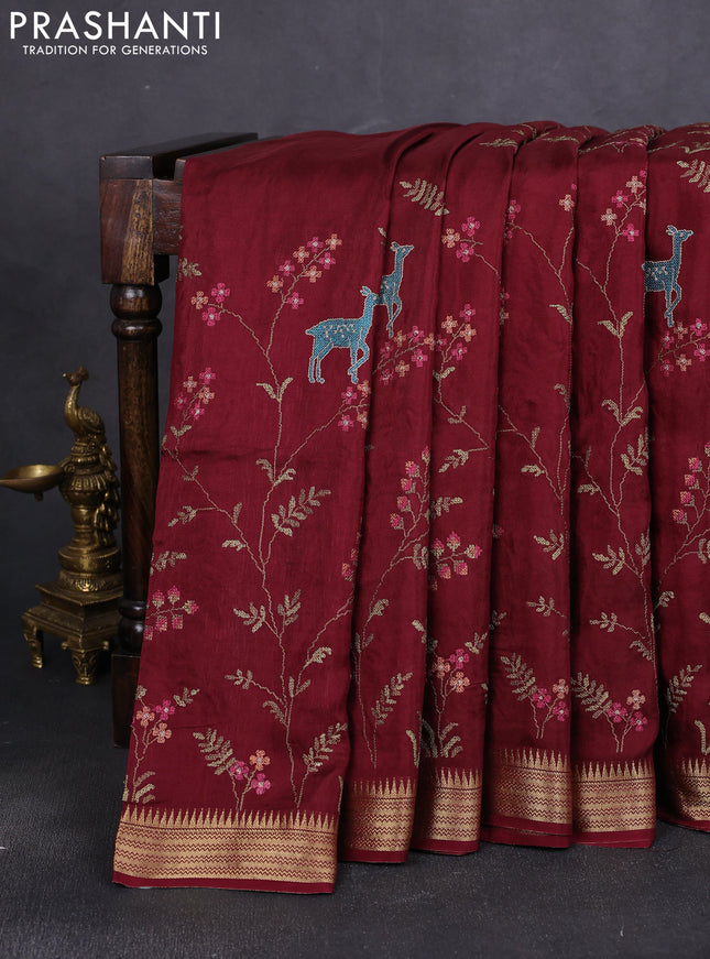 Semi crepe silk saree deep maroon with allover convent embroidery and temple zari woven border